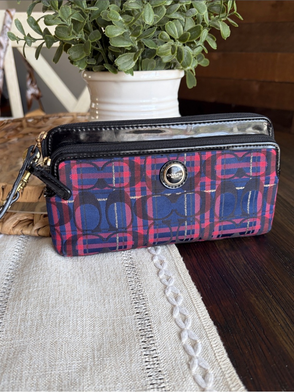 Coach Poppy Tartan Double Zip Wallet